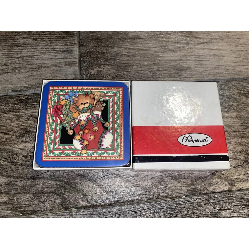 New In Box Pimpernel Christmas Bears Coasters Set‎ of 6 4.25"
